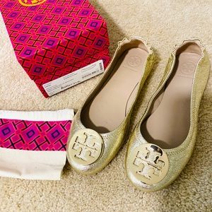 Tory Burch Gold Leather Ballet Minnie Flats Size 6.5